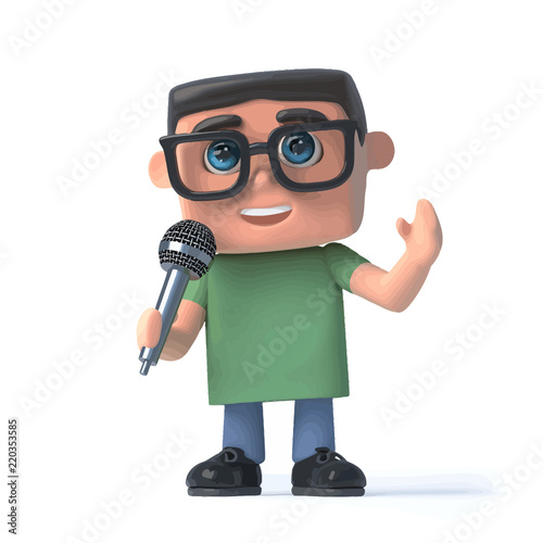 Vector 3d Boy in glasses sings into a microphone