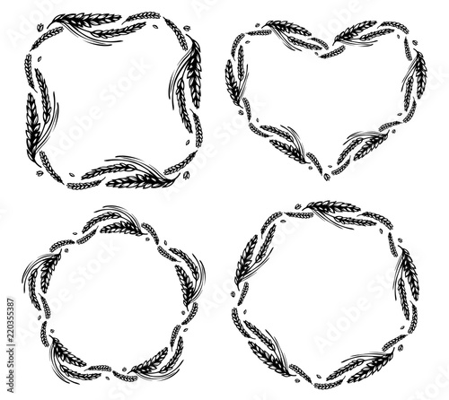 Set of wheat and malt round, heart, star and square frames or wreath on white background. Black and white hand drawn sketch for bakery, cereals or labels design. JPG include isolated path
