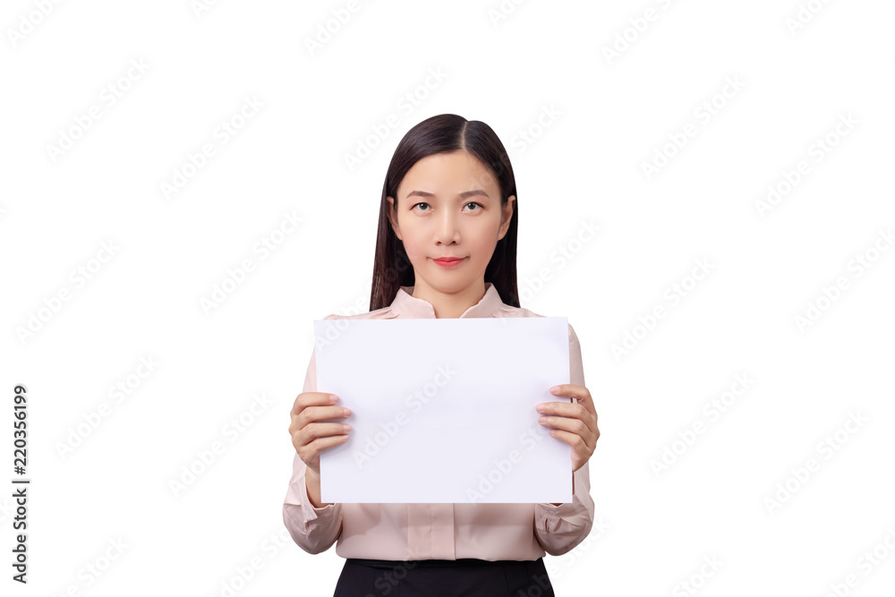 asian businesswoman holding blank white placard board paper sign with empty copy space isolated on white background with clipping path asian businesswoman holding blank white placard board paper sign with empty copy space isolated on white background with clipping path