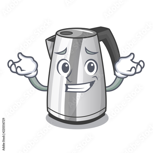 Grinning plastic electric kettle isolated on cartoon