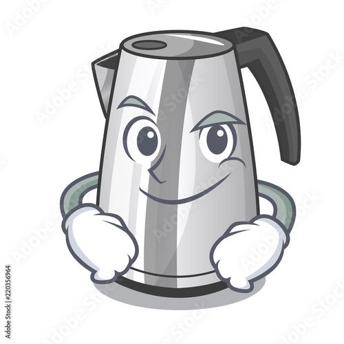 Smirking plastic electric kettle isolated on cartoon
