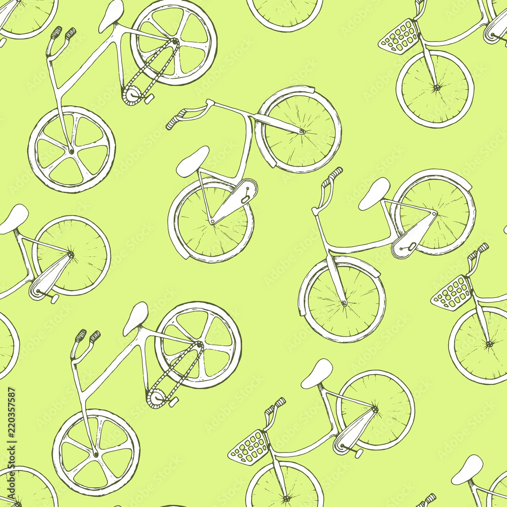 Seamless pattern with hand drawn sketches  shapes of bicycles. Hand drawing sports design for print textile, vintage seamless background.
