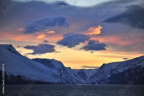 Colorful sunset in the mountains of Greenland.