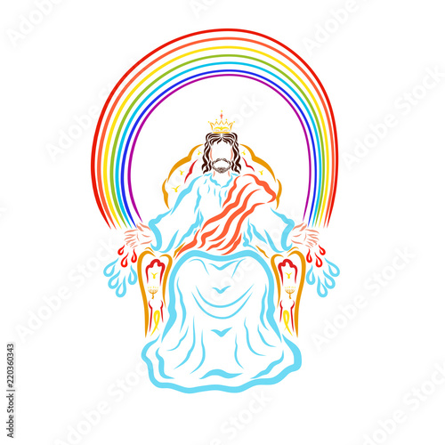 The winner Jesus on the throne under the rainbow sends people healing and purification