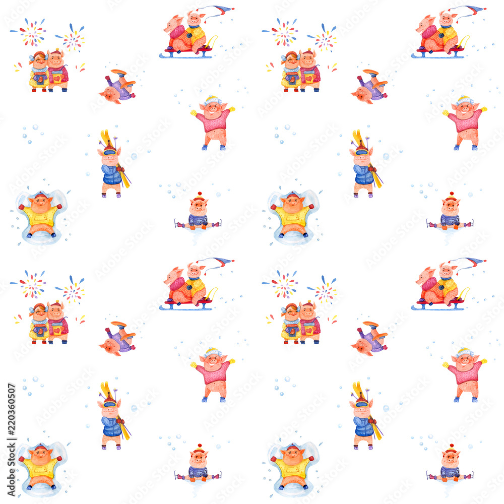 Illustration series Winter Holidays Pigs. X-mas seamless pattern Illustration series Winter Holidays Pigs. X-mas seamless pattern