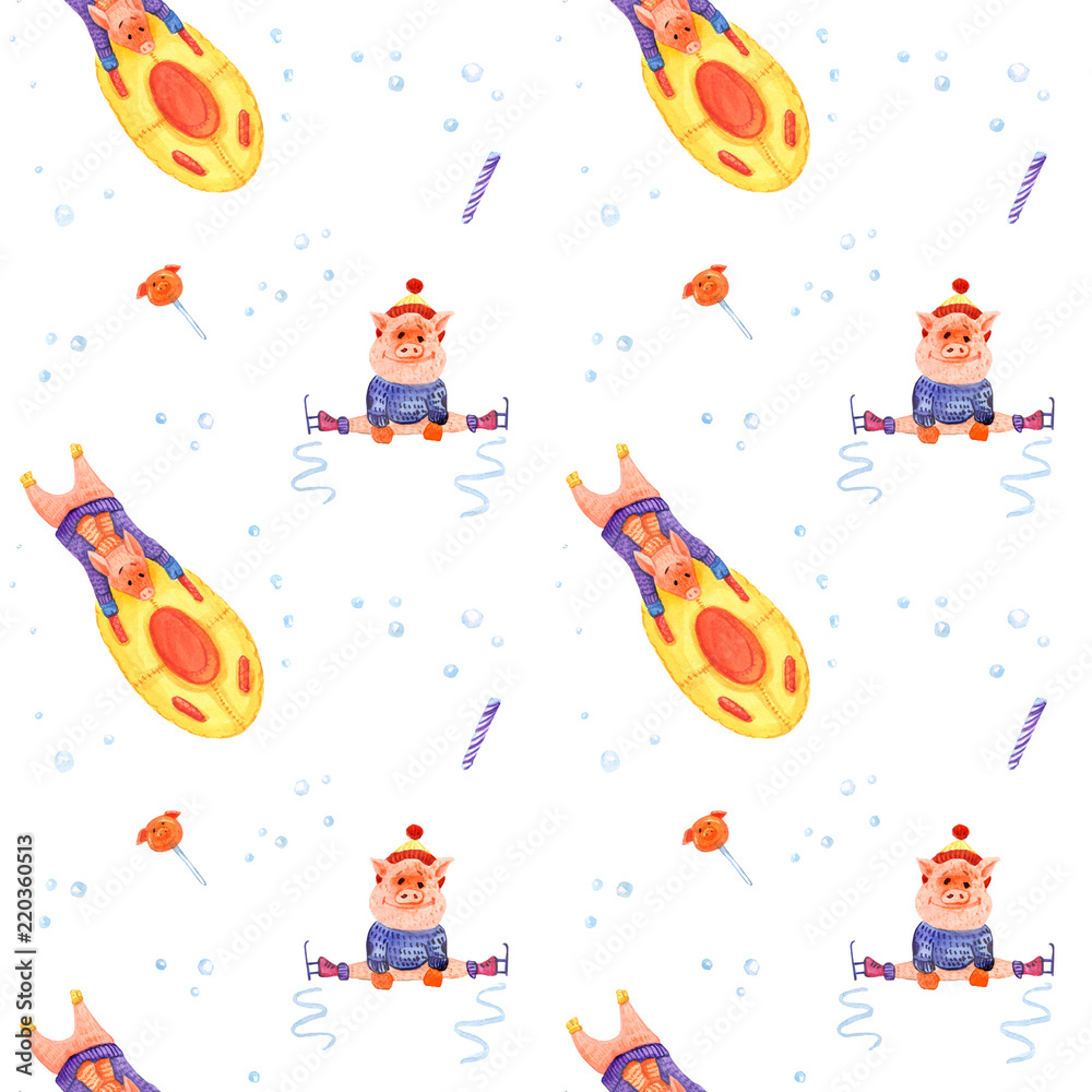 Illustration series Winter Holidays  Pigs. X-mas seamless pattern