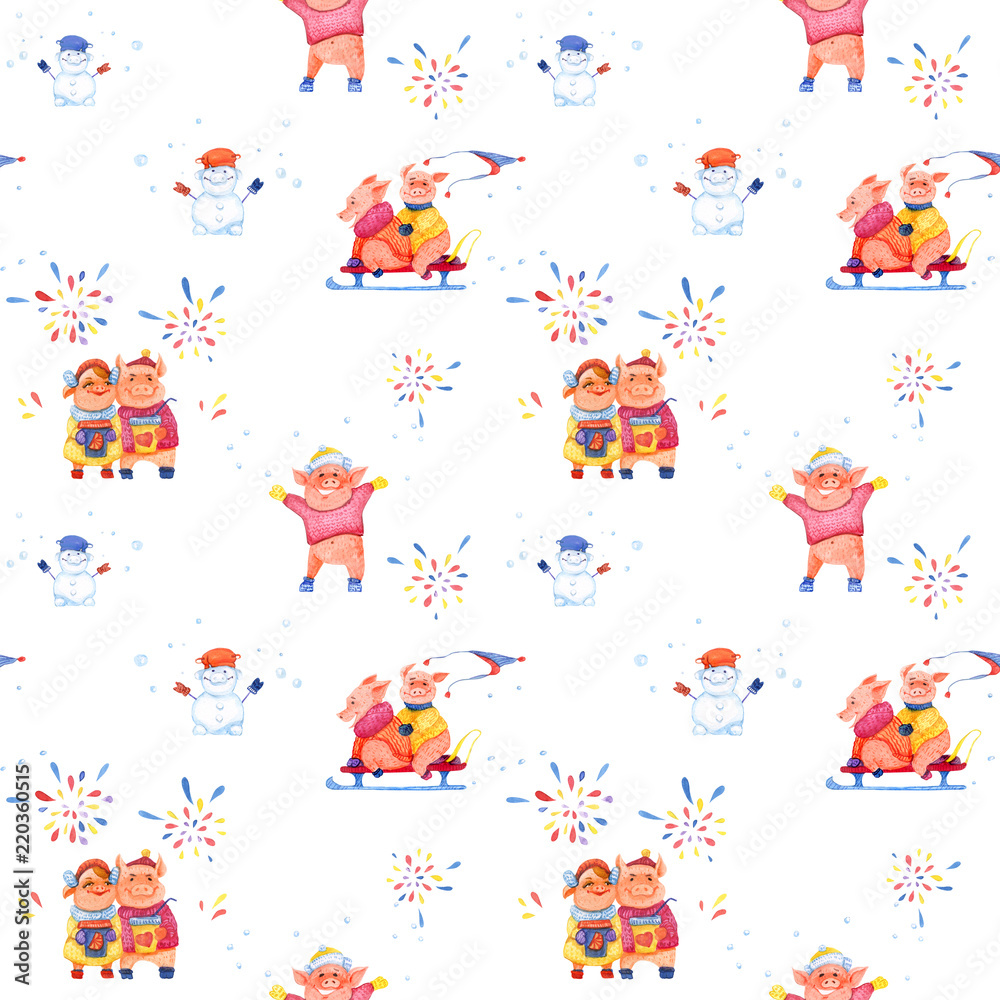 Illustration series Winter Holidays  Pigs. X-mas seamless pattern