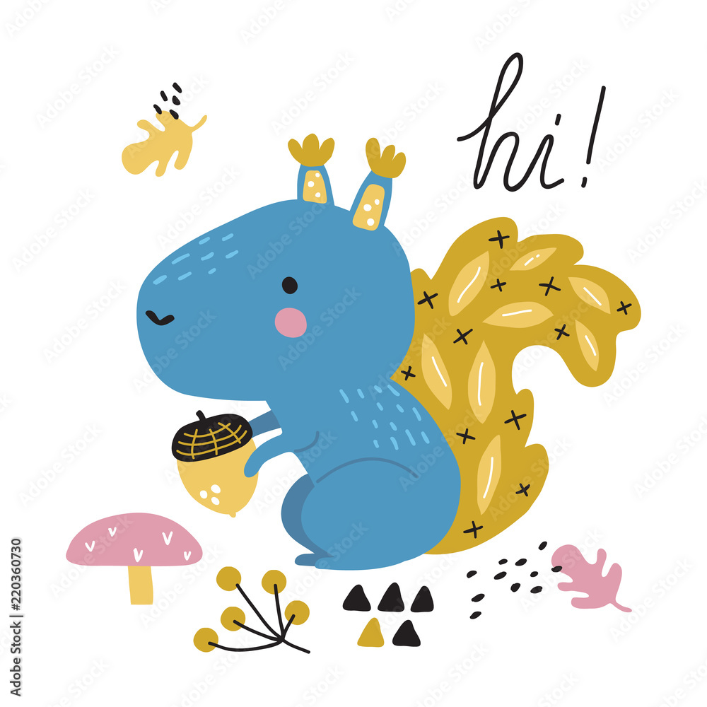 vector illustration of beautiful baby squirrel in Scandinavian style,with ornate funny lettering and cute characters,objects vector illustration of beautiful baby squirrel in Scandinavian style,with ornate funny lettering and cute characters,objects