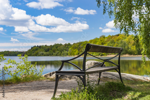 Photography Empty park bench in public park