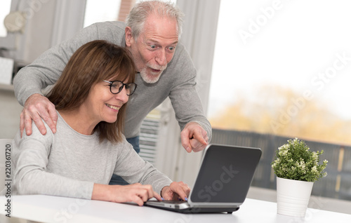 Happy mature couple having a good surprise on laptop