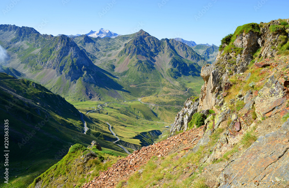 Naklejka premium View of the mountain road. Col du Tourmalet in Pyrenees mountains. France.