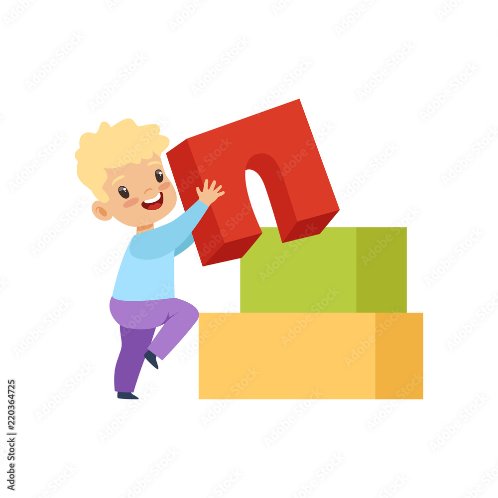Cute little boy playing with buiding toy blocks vector Illustration on a white background Cute little boy playing with buiding toy blocks vector Illustration on a white background