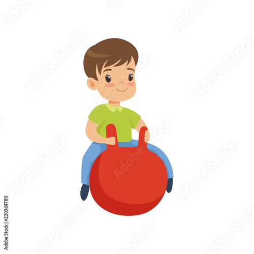 Cute little boy bouncing on red hopper ball vector Illustration on a white background