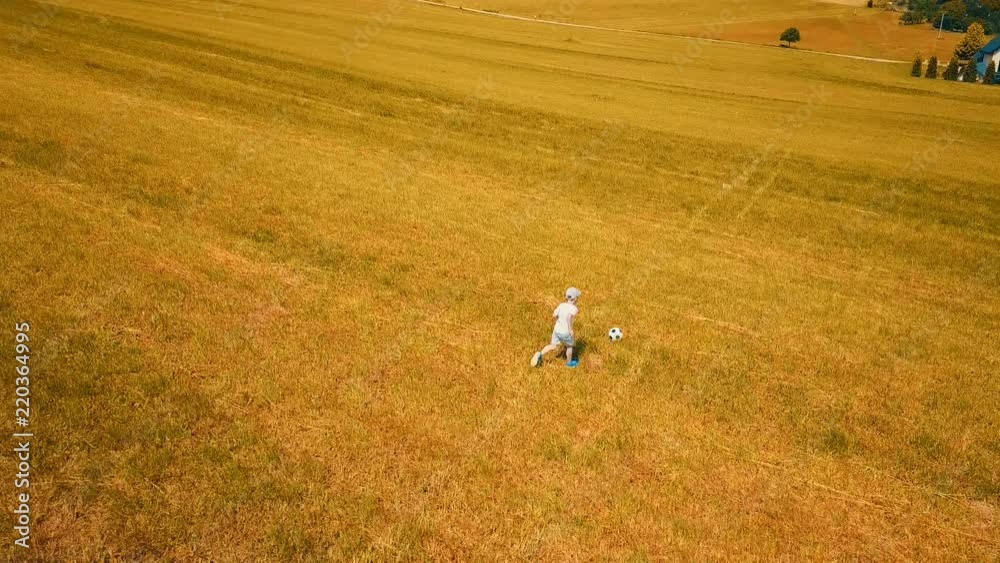 Aerial View happy child playing together with ball in football on summer day, green grass and field background, Drone 4K Video
Aerial View happy child playing together with ball in football on summer day, green grass and field background, Drone 4K Video