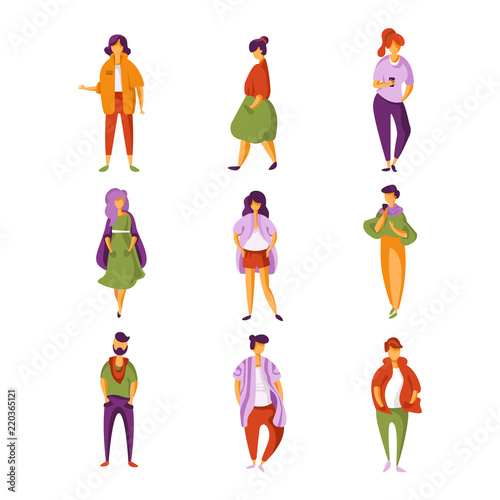 Stylish fashionable people set, men and women dressed in trendy modern clothes vector Illustration on a white background