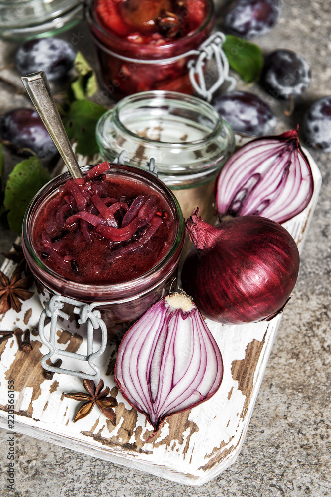 Red onion confiture in jar Vegetable jam Plum marmalade Red onion confiture in jar Vegetable jam Plum marmalade