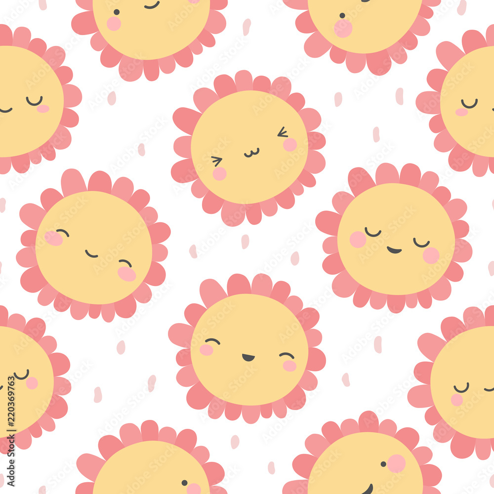 Cute flowers pattern, smile face cartoon seamless background, vector illustration
