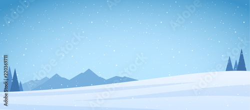 Vector illustration: Winter snowy Mountains landscape with pines and field