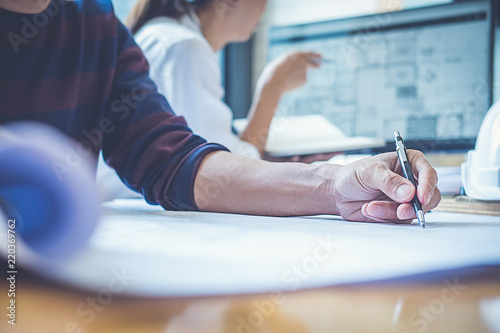 Architect Engineer Design Working on Blueprint Planning Concept. Construction Concept