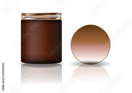 Blank brown cosmetic round jar with copper lid in high size for beauty or healthy product. Isolated on white background with reflection shadow. Ready to use for package design. Vector illustration.