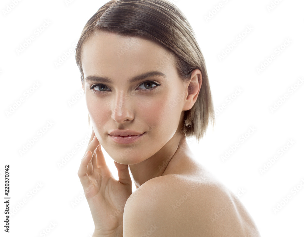 Beauty Woman face with hands. Portrait. Beautiful Spa model Girl with Perfect Fresh Clean Skin. Female looking at camera and smiling. Youth and Skin Care Concept Beauty Woman face with hands. Portrait. Beautiful Spa model Girl with Perfect Fresh Clean Skin. Female looking at camera and smiling. Youth and Skin Care Concept