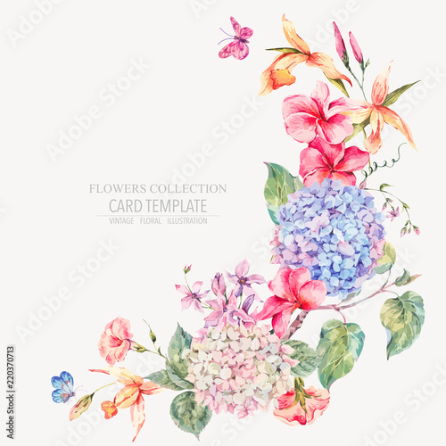 Vector vintage floral greeting card with hydrangeas, orchids