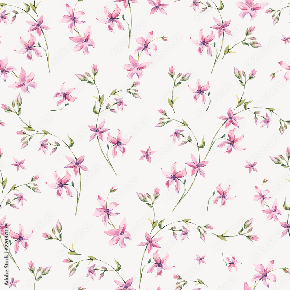 Vector vintage floral seamless pattern with pink wildflowers.