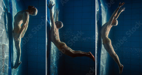 portrait of atlethic muscles beard yoga man underwater in the swimming pool