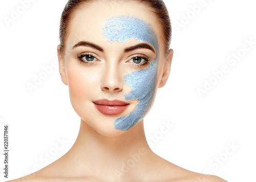 Woman with cosmetic scrab mask on face.