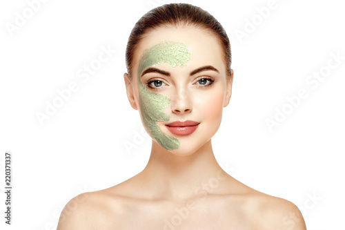 Woman with cosmetic scrab mask on face. photo