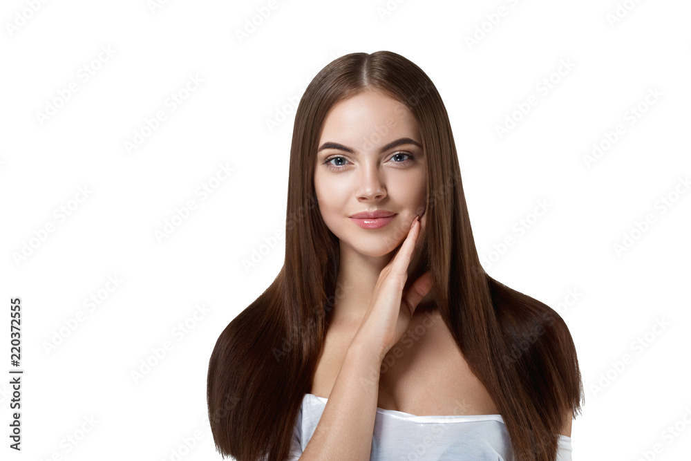 Healthy long hair brunette female model, young woman with long healthy hairstyle isolated on white Healthy long hair brunette female model, young woman with long healthy hairstyle isolated on white