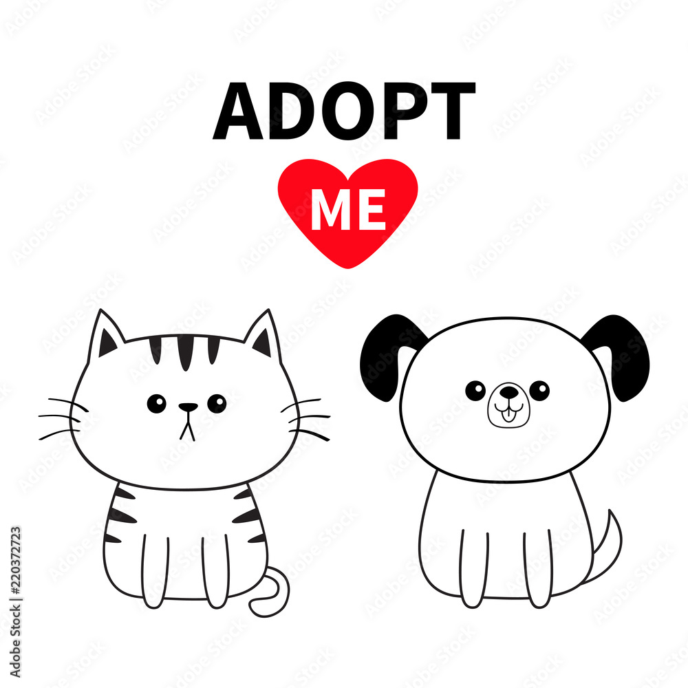 Adopt me. Contour sitting dog cat silhouette. Red heart. Pet adoption. Kawaii animal. Cute cartoon pooch character. Funny baby puppy kitten. Help homeless animal Flat design. White background