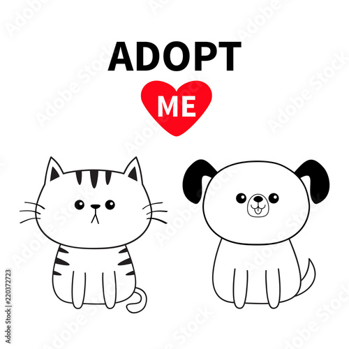 Adopt me. Contour sitting dog cat silhouette. Red heart. Pet adoption. Kawaii animal. Cute cartoon pooch character. Funny baby puppy kitten. Help homeless animal Flat design. White background