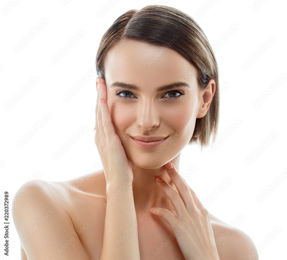 Beautiful face woman with healthy skin and blonde beauty hair perfect natural makeup isolated on white Beautiful face woman with healthy skin and blonde beauty hair perfect natural makeup isolated on white