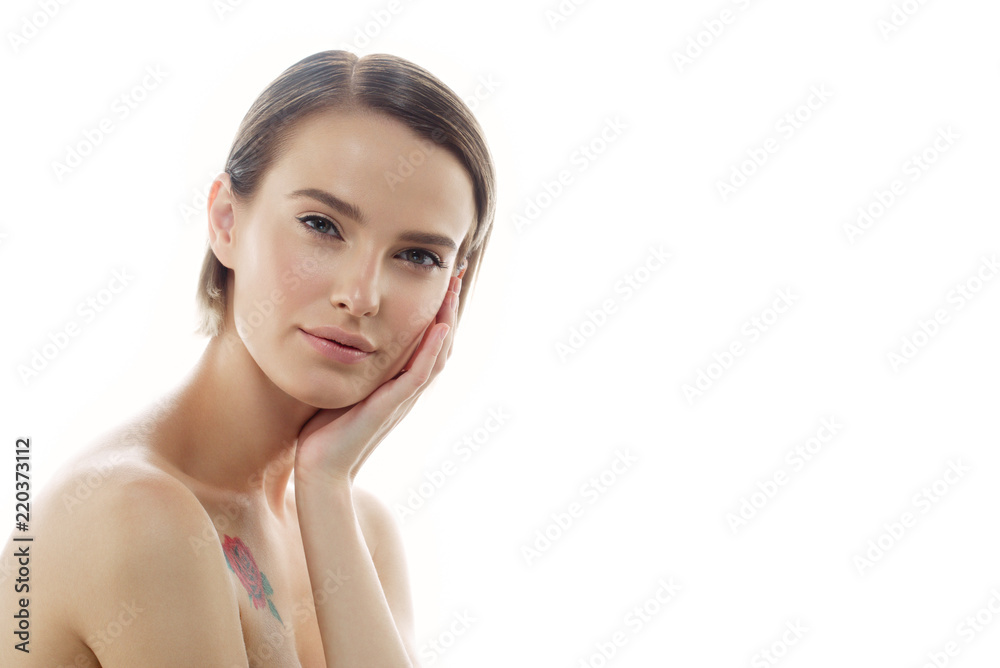 Beautiful face woman with healthy skin and blonde beauty hair perfect natural makeup isolated on white Beautiful face woman with healthy skin and blonde beauty hair perfect natural makeup isolated on white
