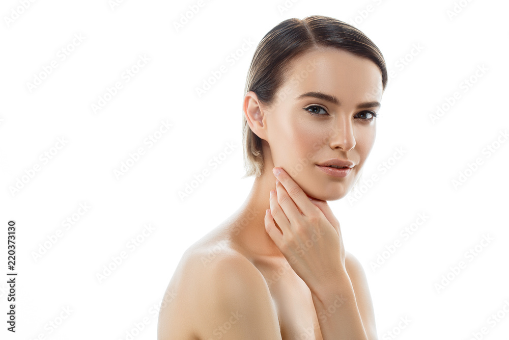 Beautiful face woman with healthy skin and blonde beauty hair perfect natural makeup isolated on white Beautiful face woman with healthy skin and blonde beauty hair perfect natural makeup isolated on white