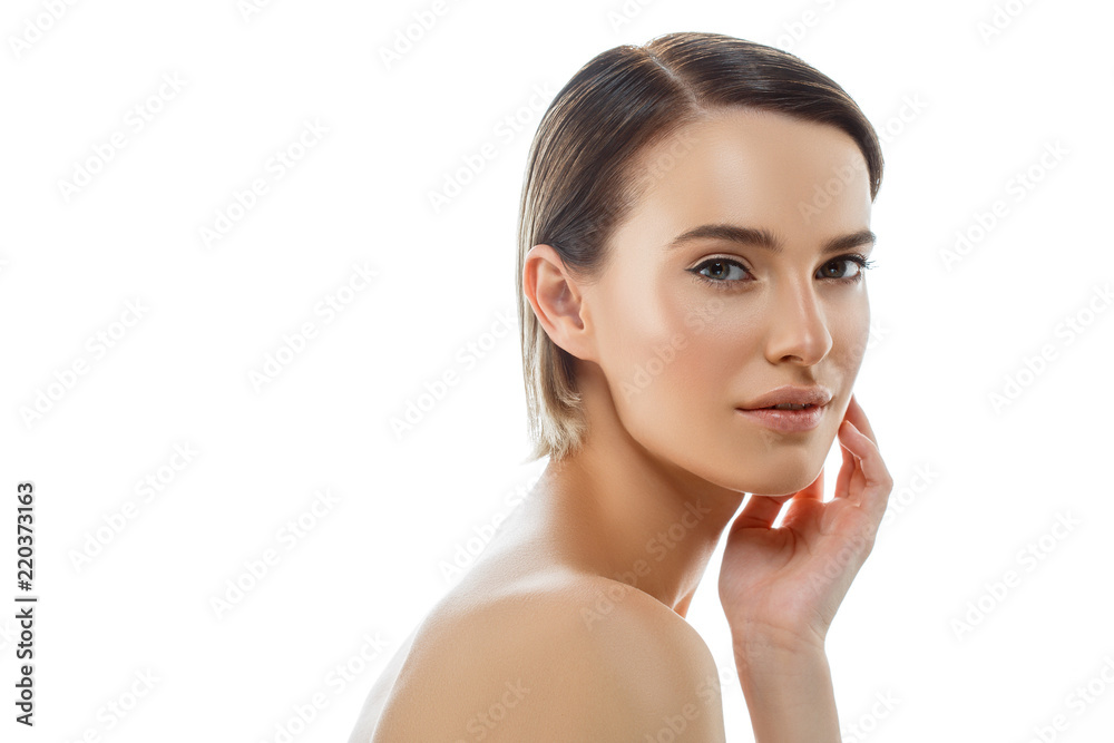 Beautiful face woman with healthy skin and blonde beauty hair perfect natural makeup isolated on white Beautiful face woman with healthy skin and blonde beauty hair perfect natural makeup isolated on white