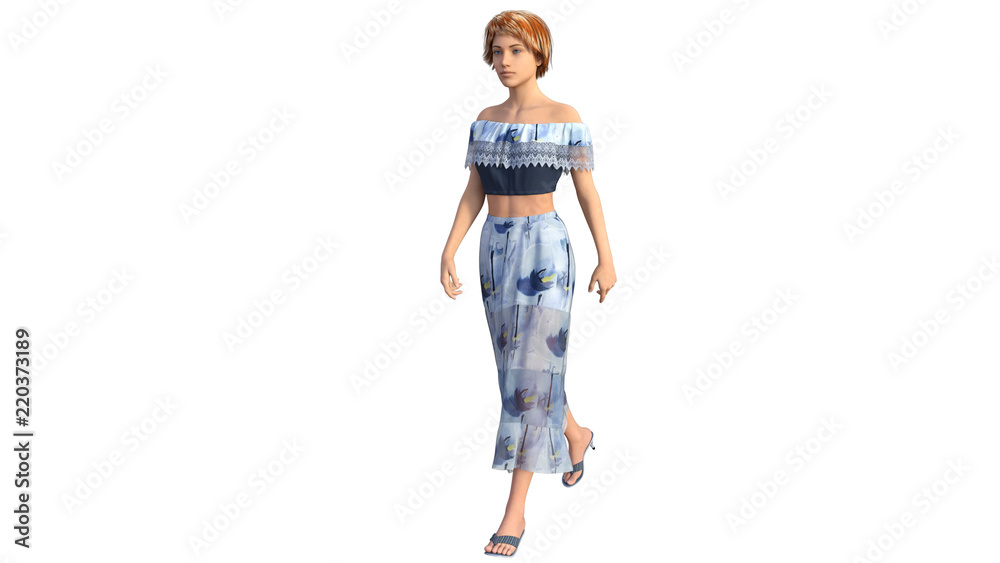 one young girl with a short haircut in a dress. She walks calmly to the left toward the camera. 3D rendering, 3D illustration one young girl with a short haircut in a dress. She walks calmly to the left toward the camera. 3D rendering, 3D illustration