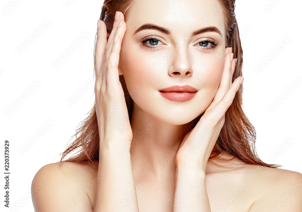 Beautiful skin woman face closeup beauty lips and eyes isolated on white Beautiful skin woman face closeup beauty lips and eyes isolated on white