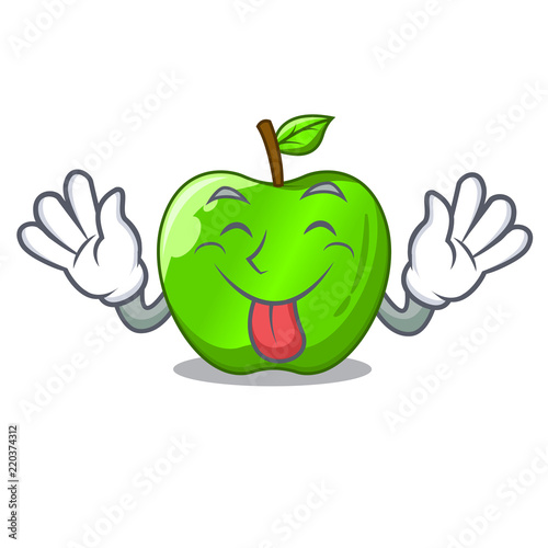 Tongue out green smith apple isolated on cartoon