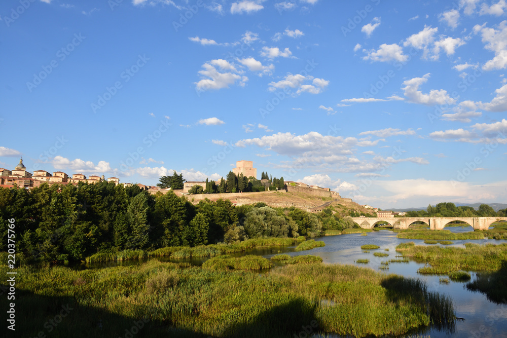 Fototapeta premium view of bridge and the Castle of Henry II of Castile (14th century) and River Agueda, Ciudad Rodrigo, Castile and Leon, Spain