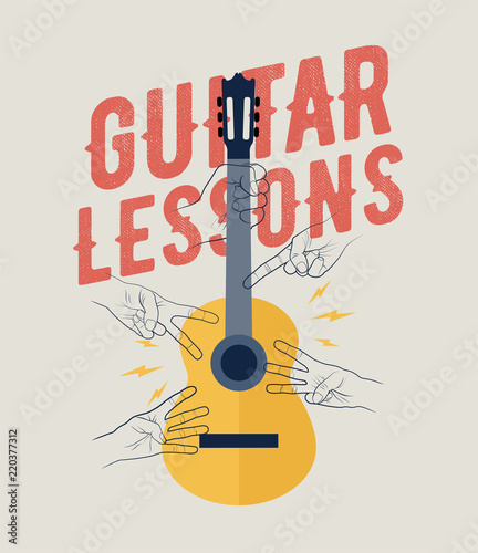 Vintage Styled Guitar Lessons Poster Flyer Banner Template. Perfecto for your guitar classes. Vector Illustration.