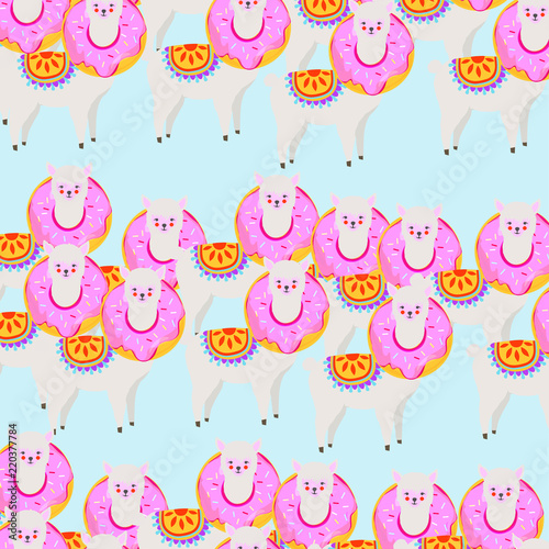 Colorful llama or alpaca with donut seamless pattern background. Llama animal poster design. Llama or alpaca art print. Wallpaper, fabric, textile, wrapping paper vector illustration design