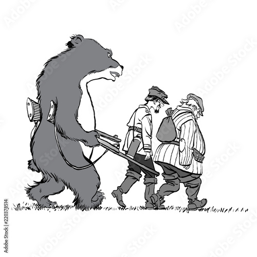 Bear hunting hunters. The bear arrested the hunters.