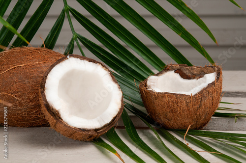 Сoconut on a palm tree background. Coconut in a cut