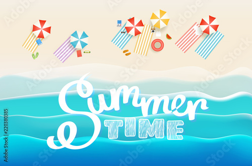 Summer time concept. Sandy beach with different accessories. Vector illustration