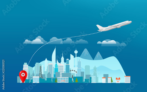 World travelling concept. Travel banner with aircraft and the city