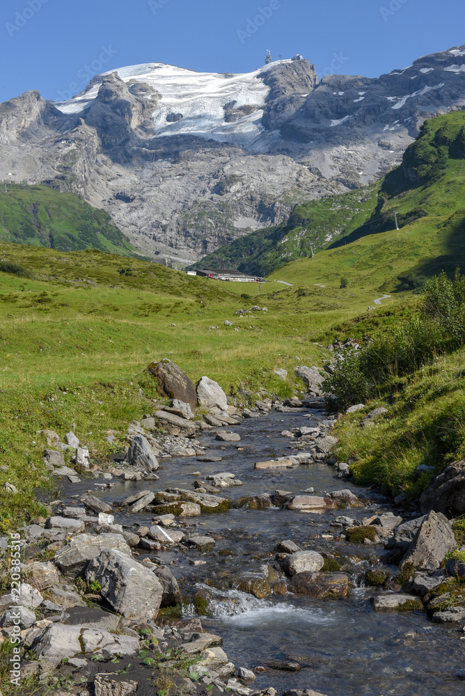 River with water from the glacier of mount Titlis over Engelberg on Switzerland