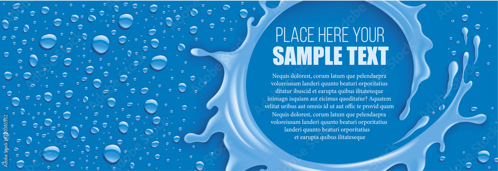 blue water splash with many drops and place for text