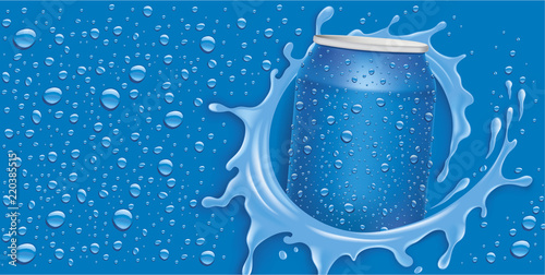 blue water splash with blue tin can and many water drops photo